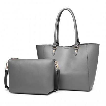 Miss Lulu Textured Leather Look 2 Piece Tote and Shoulder Bag Set - Grey