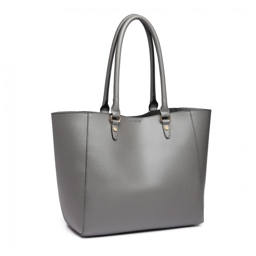 Miss Lulu Textured Leather Look 2 Piece Tote and Shoulder Bag Set - Grey