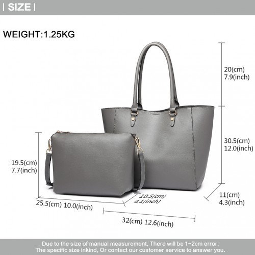 Miss Lulu Textured Leather Look 2 Piece Tote and Shoulder Bag Set - Grey