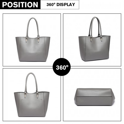 Miss Lulu Textured Leather Look 2 Piece Tote and Shoulder Bag Set - Grey