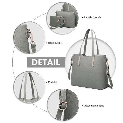 Miss Lulu Three Piece Tote Shoulder Bag and Clutch - Dark Grey