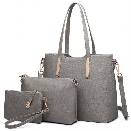 Miss Lulu Three Piece Tote Shoulder Bag and Clutch Set - Grey