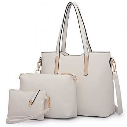 Miss Lulu Three Piece Tote Shoulder Bag and Clutch - White | Versatile & Stylish Handbag Set