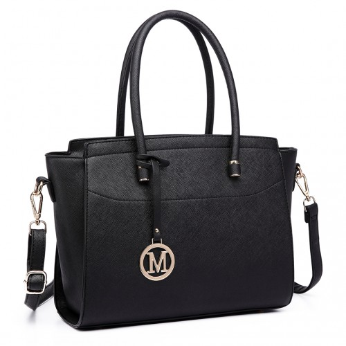 Miss Lulu Faux Leather Large Winged Tote Bag - Elegant Black Handbag with Detachable Strap