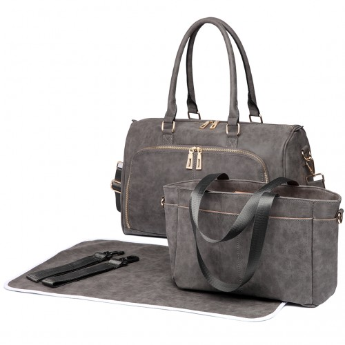 Miss Lulu Leather Look Maternity Changing Shoulder Bag – Stylish & Practical Grey Bag Set