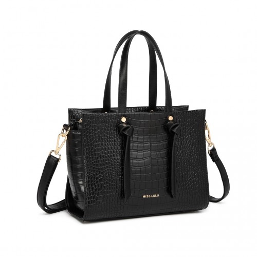 Miss Lulu Large Capacity Crocodile Pattern Leather Cross-body Handbag - Black