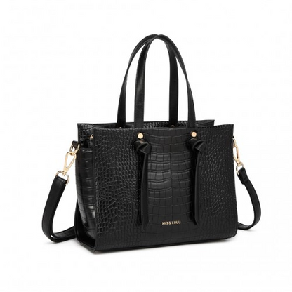 Miss Lulu Large Capacity Crocodile Pattern Leather Cross-body Handbag - Black