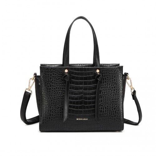 Miss Lulu Large Capacity Crocodile Pattern Leather Cross-body Handbag - Black