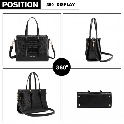 Miss Lulu Large Capacity Crocodile Pattern Leather Cross-body Handbag - Black