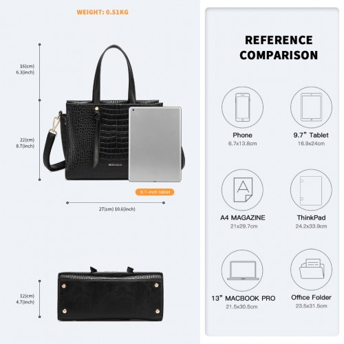 Miss Lulu Large Capacity Crocodile Pattern Leather Cross-body Handbag - Black