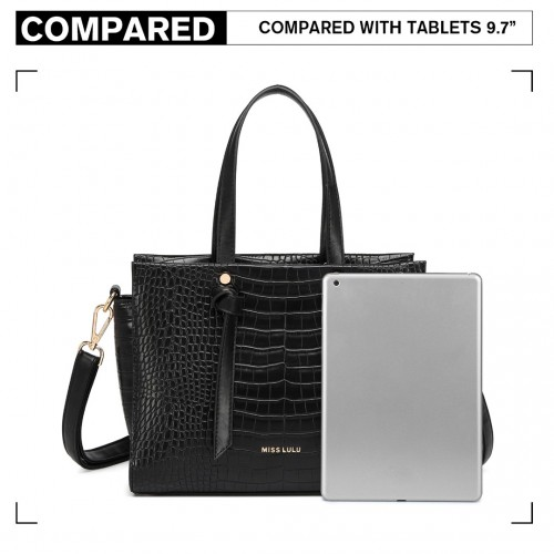 Miss Lulu Large Capacity Crocodile Pattern Leather Cross-body Handbag - Black