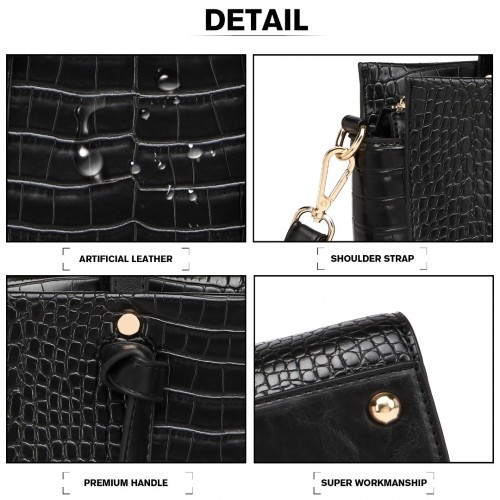 Miss Lulu Large Capacity Crocodile Pattern Leather Cross-body Handbag - Black