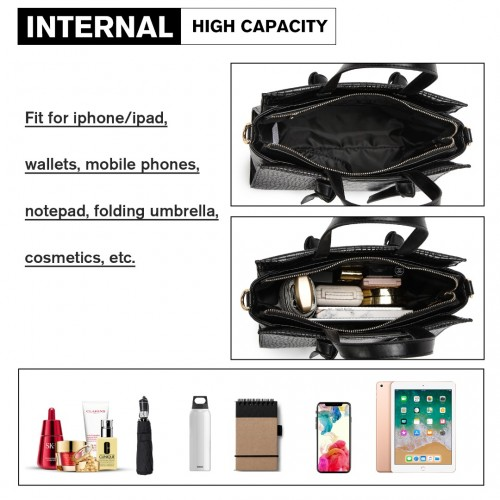 Miss Lulu Large Capacity Crocodile Pattern Leather Cross-body Handbag - Black