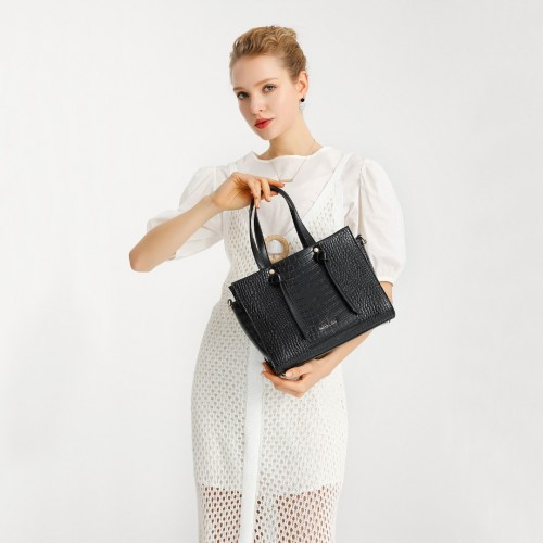 Miss Lulu Large Capacity Crocodile Pattern Leather Cross-body Handbag - Black