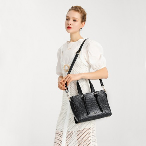 Miss Lulu Large Capacity Crocodile Pattern Leather Cross-body Handbag - Black