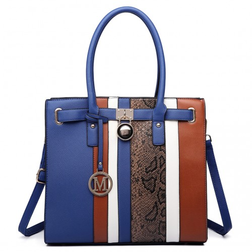Miss Lulu Blue Multi Panel Leather Look Snake Skin Stripe Handbag - Sleek and Stylish Tote