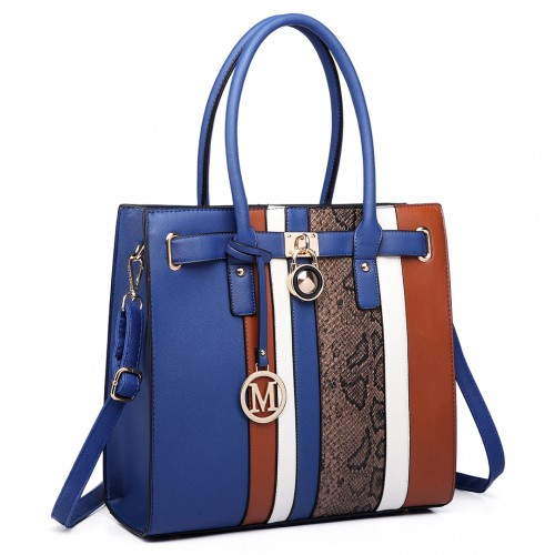 Miss Lulu Blue Multi Panel Leather Look Snake Skin Stripe Handbag - Sleek and Stylish Tote