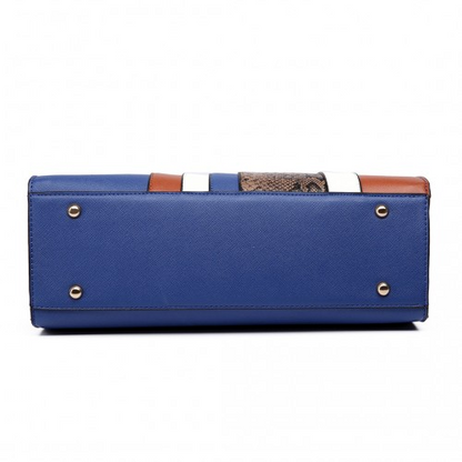 Miss Lulu Blue Multi Panel Leather Look Snake Skin Stripe Handbag - Sleek and Stylish Tote