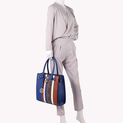Miss Lulu Blue Multi Panel Leather Look Snake Skin Stripe Handbag - Sleek and Stylish Tote