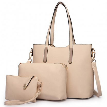 Miss Lulu Three Piece Tote Shoulder Bag And Clutch - Beige | Versatile 3-in-1 Set