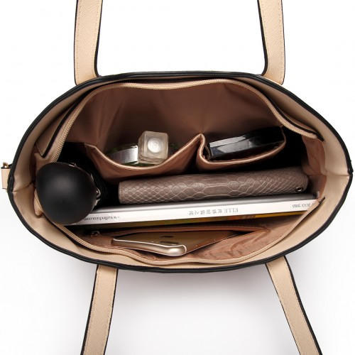 Miss Lulu Three Piece Tote Shoulder Bag And Clutch - Beige | Versatile 3-in-1 Set