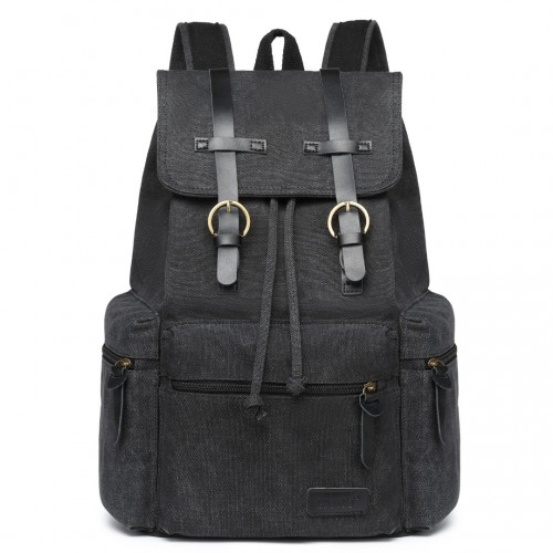 Kono Large Multi Function Leather Details Canvas Backpack - Black | Stylish & Durable Backpack for Daily Use
