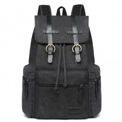 Kono Large Multi Function Leather Details Canvas Backpack - Black | Stylish & Durable Backpack for Daily Use