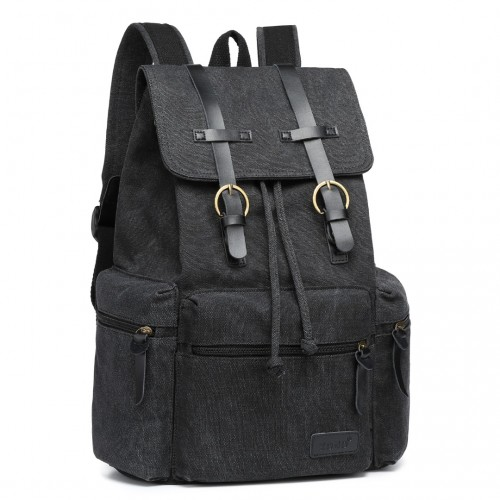 Kono Large Multi Function Leather Details Canvas Backpack - Black | Stylish & Durable Backpack for Daily Use
