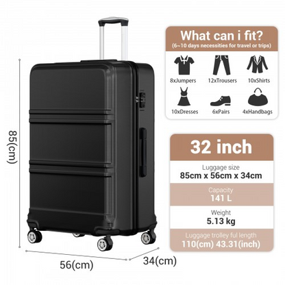 K1871-1L - Kono ABS+PC 32 Inch Extra-Large Suitcase, Sculpted Horizontal Design, Hard-Shell Wheeled Luggage with Telescopic Handle - Black