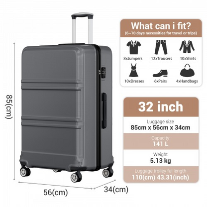 K1871-1L - Kono ABS+PC 32 Inch Extra-Large Suitcase, Sculpted Horizontal Design, Hard-Shell Wheeled Luggage with Telescopic Handle - Grey
