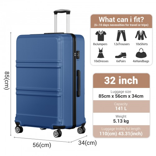K1871-1L - Kono ABS+PC 32 Inch Extra-Large Suitcase, Sculpted Horizontal Design, Hard-Shell Wheeled Luggage with Telescopic Handle - Navy