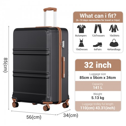 K1871-1L - Kono ABS+PC 32 Inch Extra-Large Suitcase, Sculpted Horizontal Design, Hard-Shell Wheeled Luggage with Telescopic Handle - Black and Brown