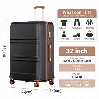 K1871-1L - Kono ABS+PC 32 Inch Extra-Large Suitcase, Sculpted Horizontal Design, Hard-Shell Wheeled Luggage with Telescopic Handle - Black and Brown