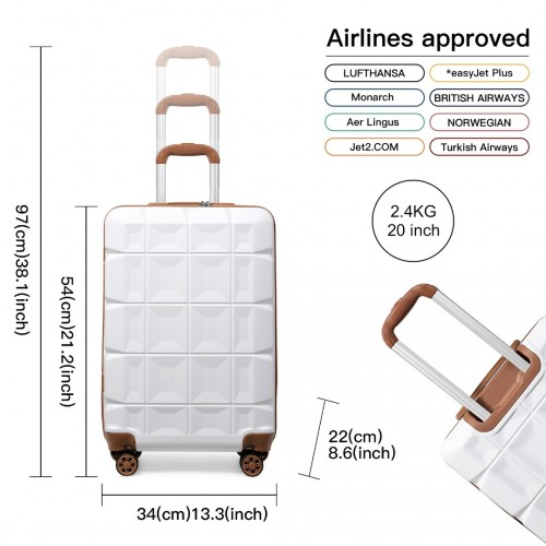 Kono 20 Inch Lightweight Hard Shell ABS Luggage Cabin Suitcase With TSA Lock - White