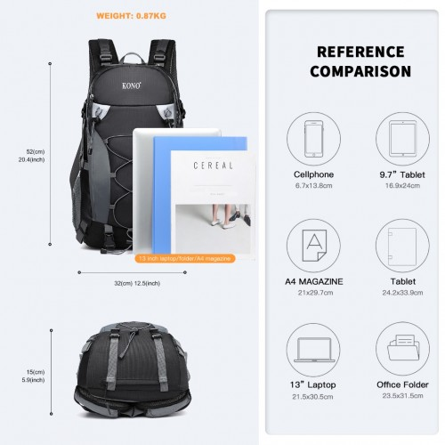 Kono Multi Functional Outdoor Hiking Backpack With Rain Cover - 40L Capacity - Black