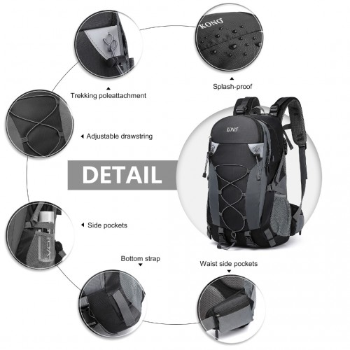 Kono Multi Functional Outdoor Hiking Backpack With Rain Cover - 40L Capacity - Black