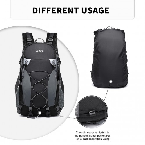 Kono Multi Functional Outdoor Hiking Backpack With Rain Cover - 40L Capacity - Black