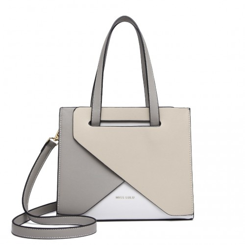 Miss Lulu Contrast Panel Shoulder Bag - Grey and Beige | Stylish & Practical Handbag