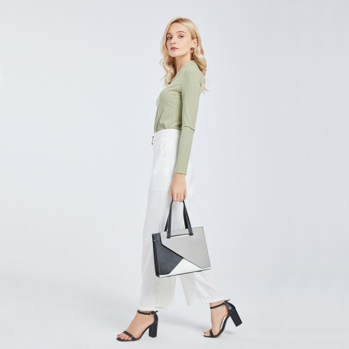 Miss Lulu Contrast Panel Shoulder Bag - Grey and Beige | Stylish & Practical Handbag