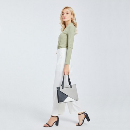 Miss Lulu Contrast Panel Shoulder Bag - Grey and Beige | Stylish & Practical Handbag