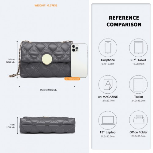 Miss Lulu Smooth Flap Chain Shoulder Bag - Grey | Elegant & Stylish Women's Handbag