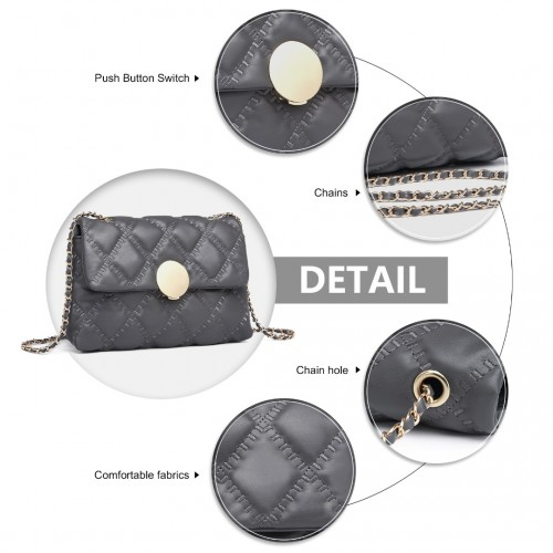 Miss Lulu Smooth Flap Chain Shoulder Bag - Grey | Elegant & Stylish Women's Handbag