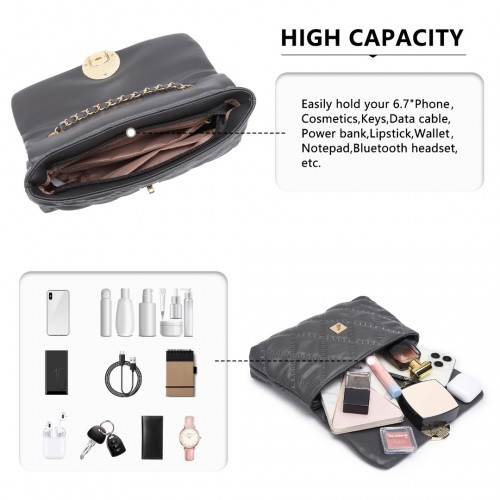 Miss Lulu Smooth Flap Chain Shoulder Bag - Grey | Elegant & Stylish Women's Handbag