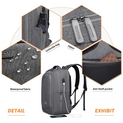 EM2111 Kono Multi-Compartment Backpack with USB Port - Grey, Water-Repellent, Anti-Theft, Travel & Daily Commuter Bag