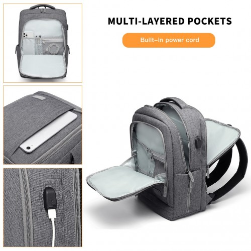 EM2111 Kono Multi-Compartment Backpack with USB Port - Grey, Water-Repellent, Anti-Theft, Travel & Daily Commuter Bag