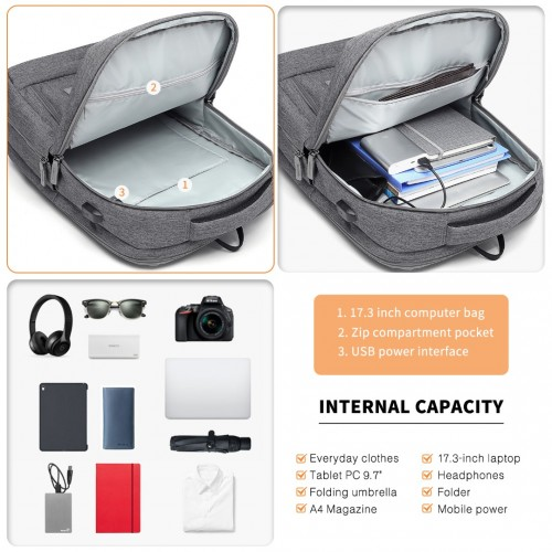EM2111 Kono Multi-Compartment Backpack with USB Port - Grey, Water-Repellent, Anti-Theft, Travel & Daily Commuter Bag