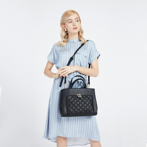 Miss Lulu Classic Quilted Handbag - Black | Premium Synthetic Leather | Elegant Gold Tone Hardware