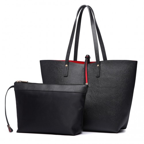 Miss Lulu Women's Reversible Contrast Shopper Tote Bag - Black, 2-in-1 Large Tote with Removable Pouch, Premium PU Leather