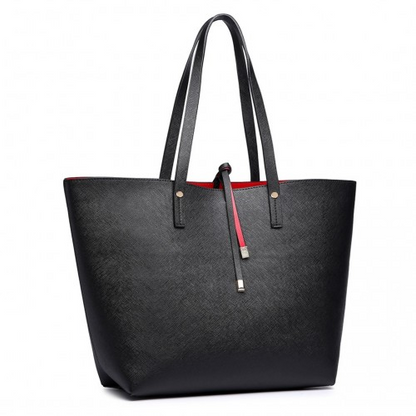 Miss Lulu Women's Reversible Contrast Shopper Tote Bag - Black, 2-in-1 Large Tote with Removable Pouch, Premium PU Leather