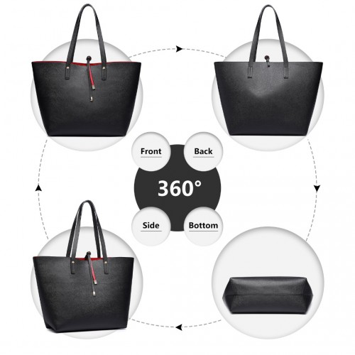 Miss Lulu Women's Reversible Contrast Shopper Tote Bag - Black, 2-in-1 Large Tote with Removable Pouch, Premium PU Leather